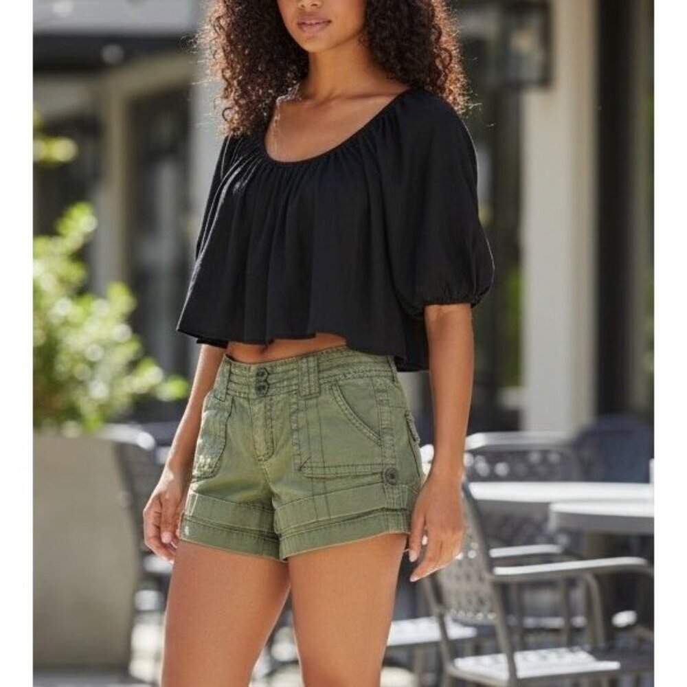 Vintage 90s Y2K American Eagle Sz 4 Olive Cuffed Hem Micro Mini Low Rise Shorts